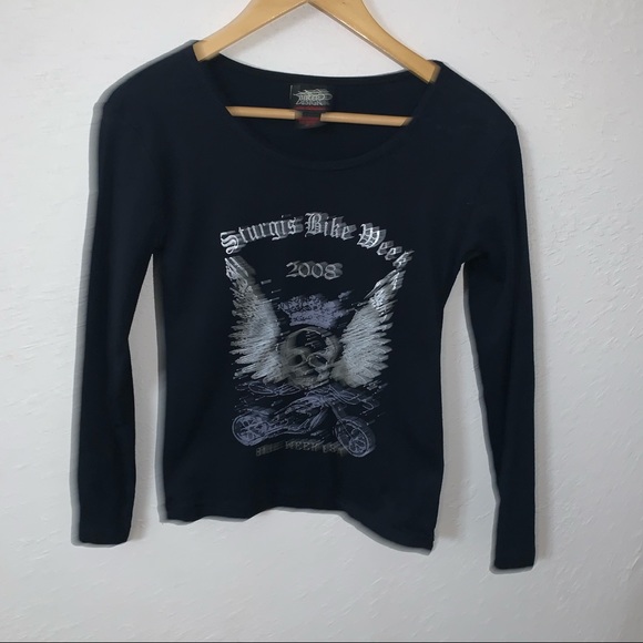 Sturgis Bike Week 2008 Biker Design Black Long Sleeve Skull Motorcycle Wings Top - Picture 1 of 6